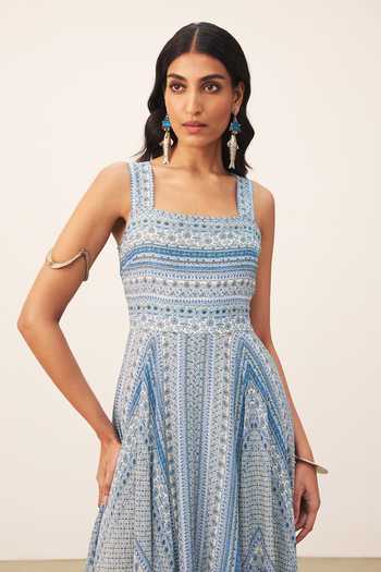 Shop Ritu Kumar Blue Viscose, Crepe Square Neck Alifia Sleeveless Dress Online at Aza Fashions Shop_Ritu Kumar_Blue Viscose, Crepe Square Neck Alifia Sleeveless Dress _Online_at_Aza_Fashions