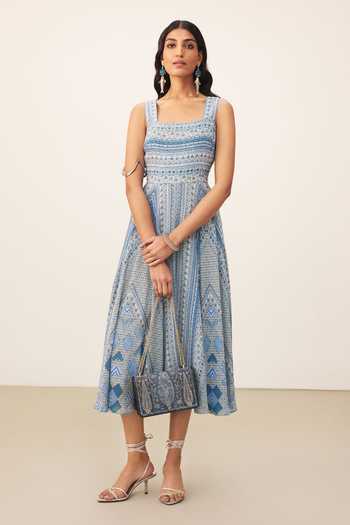 Ritu Kumar Blue Viscose, Crepe Square Neck Alifia Sleeveless Dress at Aza Fashions Ritu Kumar_Blue Viscose, Crepe Square Neck Alifia Sleeveless Dress _at_Aza_Fashions