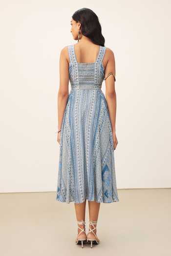 Shop Ritu Kumar Blue Viscose, Crepe Square Neck Alifia Sleeveless Dress at Aza Fashions Shop_Ritu Kumar_Blue Viscose, Crepe Square Neck Alifia Sleeveless Dress _at_Aza_Fashions