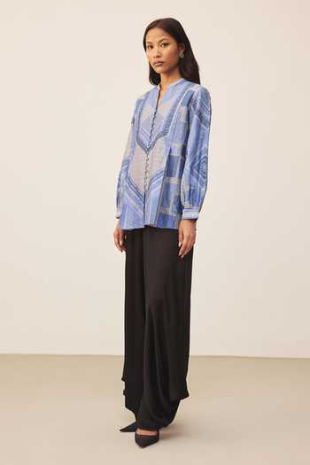 Ritu Kumar_Blue Chanderi Keyhole Neck, Yes Alifia Full Sleeves Kurta _Online_at_Aza_Fashions
