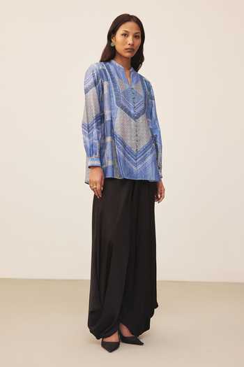 Buy_Ritu Kumar_Blue Chanderi Keyhole Neck, Yes Alifia Full Sleeves Kurta _Online_at_Aza_Fashions