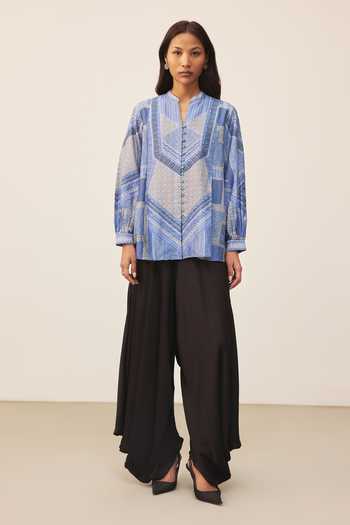 Shop_Ritu Kumar_Blue Chanderi Keyhole Neck, Yes Alifia Full Sleeves Kurta _Online_at_Aza_Fashions