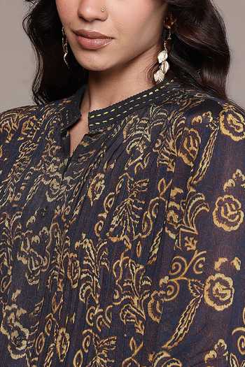 Shop Ritu Kumar Black Viscose, Chinon Mandarin Collar Aplooza Full Sleeves Kurta Online at Aza Fashions Shop_Ritu Kumar_Black Viscose, Chinon Mandarin Collar Aplooza Full Sleeves Kurta _Online_at_Aza_Fashions