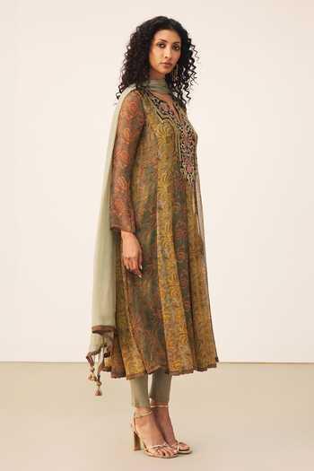 Ritu Kumar_Yellow Viscose, Chinon, Lycra, Jersey Split V-neck, Yes Tonal Printed Kurta Set _Online_at_Aza_Fashions
