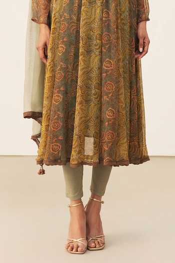 Shop_Ritu Kumar_Yellow Viscose, Chinon, Lycra, Jersey Split V-neck, Yes Tonal Printed Kurta Set _Online_at_Aza_Fashions