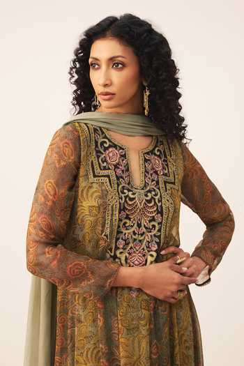 Shop_Ritu Kumar_Yellow Viscose, Chinon, Lycra, Jersey Split V-neck, Yes Tonal Printed Kurta Set 