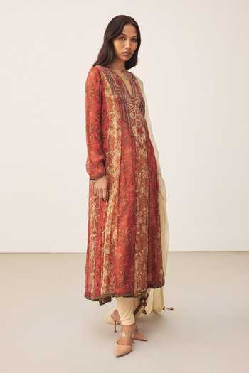 Shop_Ritu Kumar_Orange Viscose, Chinon, Lycra, Jersey Split V-neck Printed Kurta Set _Online_at_Aza_Fashions