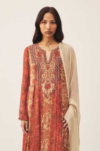 Buy_Ritu Kumar_Orange Viscose, Chinon, Lycra, Jersey Split V-neck Printed Kurta Set 