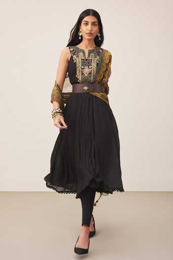 Buy_Ritu Kumar_Black Viscose, Chinon, Lycra, Jersey Round Neck Placement Embroidered Kurta Set _Online_at_Aza_Fashions