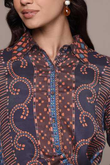 Ritu Kumar Brown Silk, Viscose Collared Moselles Printed Shirt Online at Aza Fashions Ritu Kumar_Brown Silk, Viscose Collared Moselles Printed Shirt _Online_at_Aza_Fashions