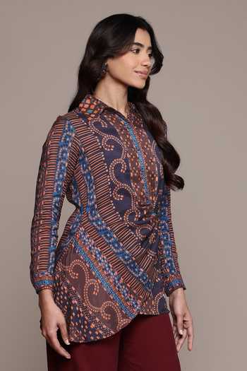 Shop Ritu Kumar Brown Silk, Viscose Collared Moselles Printed Shirt Online at Aza Fashions Shop_Ritu Kumar_Brown Silk, Viscose Collared Moselles Printed Shirt _Online_at_Aza_Fashions