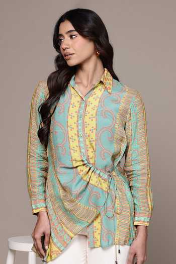 Shop Ritu Kumar Green Silk, Viscose Collared Moselles Printed Shirt Online at Aza Fashions Shop_Ritu Kumar_Green Silk, Viscose Collared Moselles Printed Shirt _Online_at_Aza_Fashions