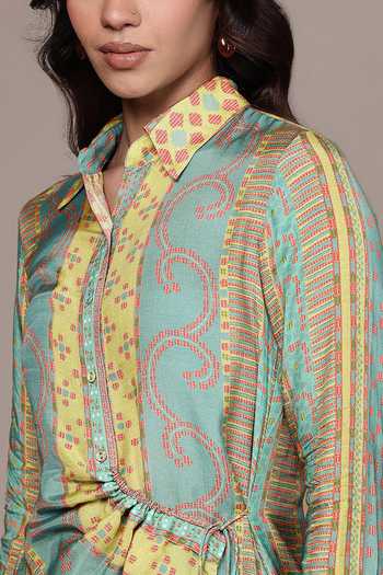 Ritu Kumar Green Silk, Viscose Collared Moselles Printed Shirt at Aza Fashions Ritu Kumar_Green Silk, Viscose Collared Moselles Printed Shirt _at_Aza_Fashions