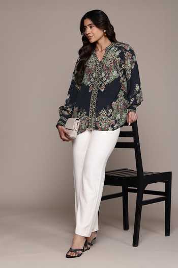 Ritu Kumar Black Crepe, Viscose Split V-neck Yukta Band Collar Shirt Online at Aza Fashions Ritu Kumar_Black Crepe, Viscose Split V-neck Yukta Band Collar Shirt _Online_at_Aza_Fashions