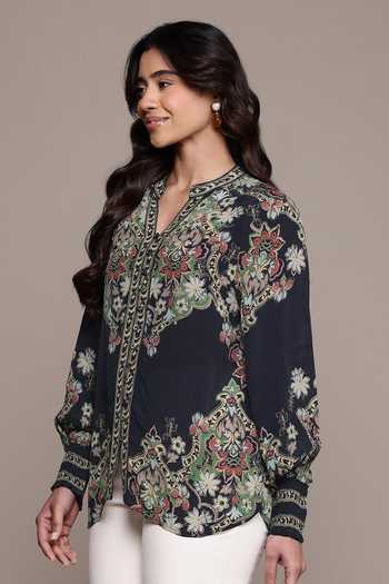 Buy Ritu Kumar Black Crepe, Viscose Split V-neck Yukta Band Collar Shirt Online at Aza Fashions Buy_Ritu Kumar_Black Crepe, Viscose Split V-neck Yukta Band Collar Shirt _Online_at_Aza_Fashions