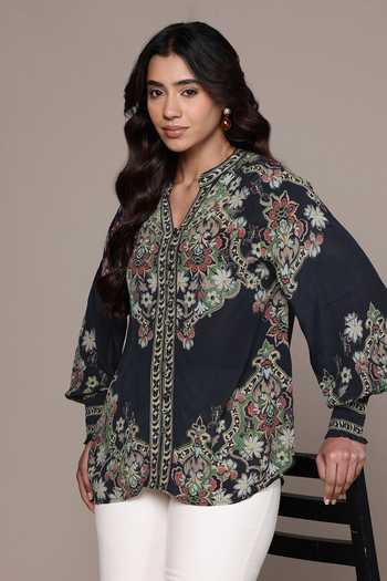Shop Ritu Kumar Black Crepe, Viscose Split V-neck Yukta Band Collar Shirt Online at Aza Fashions Shop_Ritu Kumar_Black Crepe, Viscose Split V-neck Yukta Band Collar Shirt _Online_at_Aza_Fashions