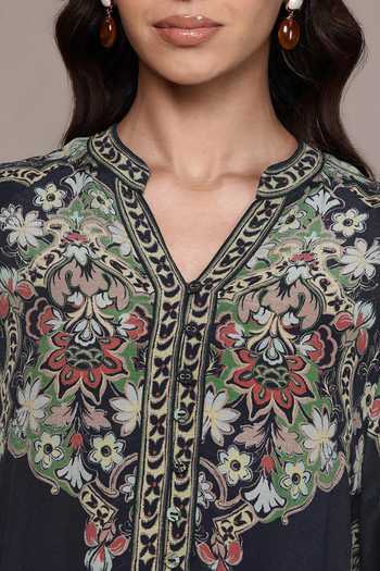 Ritu Kumar Black Crepe, Viscose Split V-neck Yukta Band Collar Shirt at Aza Fashions Ritu Kumar_Black Crepe, Viscose Split V-neck Yukta Band Collar Shirt _at_Aza_Fashions