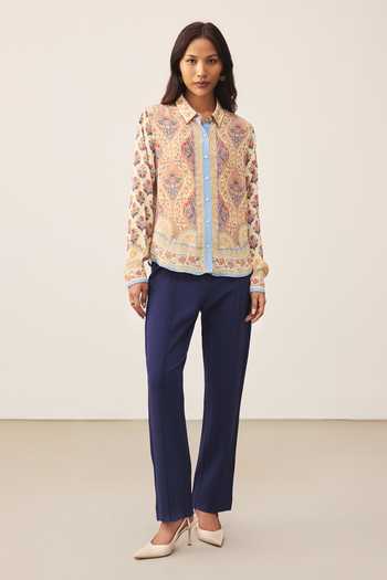 Ritu Kumar_Beige Crepe, Rayon Collared Ecru Amaraa Full Sleeve Shirt _at_Aza_Fashions