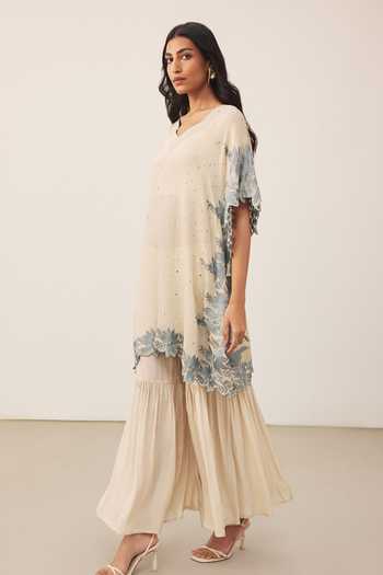 Shop_Ritu Kumar_Off White Silk, Viscose V-neck Pannkhuri Border Embroidered Kurta And Gharara Set _Online_at_Aza_Fashions
