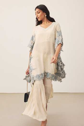 Ritu Kumar_Off White Silk, Viscose V-neck Pannkhuri Border Embroidered Kurta And Gharara Set _at_Aza_Fashions