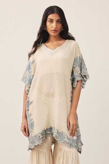 Shop_Ritu Kumar_Off White Silk, Viscose V-neck Pannkhuri Border Embroidered Kurta And Gharara Set 