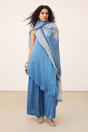 Ritu Kumar_Blue Satin, Viscose, Lycra Round Neck, Yes Gul Halter Kurta Palazzo Set _Online_at_Aza_Fashions