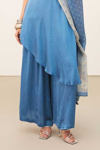 Buy_Ritu Kumar_Blue Satin, Viscose, Lycra Round Neck, Yes Gul Halter Kurta Palazzo Set _Online_at_Aza_Fashions