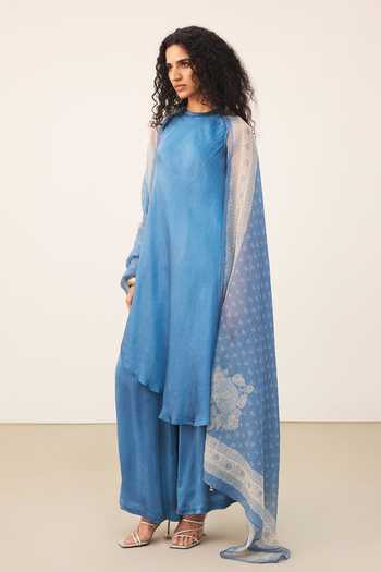Shop_Ritu Kumar_Blue Satin, Viscose, Lycra Round Neck, Yes Gul Halter Kurta Palazzo Set _Online_at_Aza_Fashions