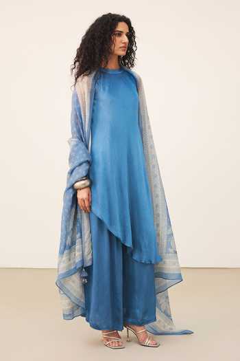 Ritu Kumar_Blue Satin, Viscose, Lycra Round Neck, Yes Gul Halter Kurta Palazzo Set _at_Aza_Fashions