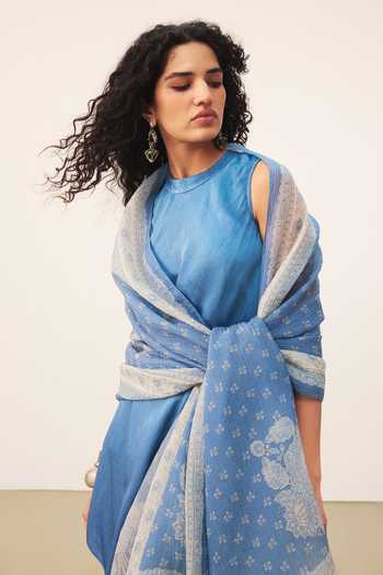 Buy_Ritu Kumar_Blue Satin, Viscose, Lycra Round Neck, Yes Gul Halter Kurta Palazzo Set 