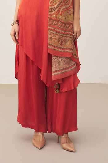 Ritu Kumar_Orange Satin, Viscose, Chinon, Lycra Halter Neck, Yes Gul Kurta Palazzo Set _Online_at_Aza_Fashions