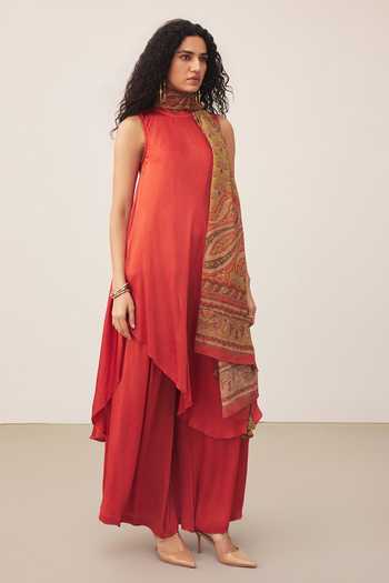 Buy_Ritu Kumar_Orange Satin, Viscose, Chinon, Lycra Halter Neck, Yes Gul Kurta Palazzo Set _Online_at_Aza_Fashions