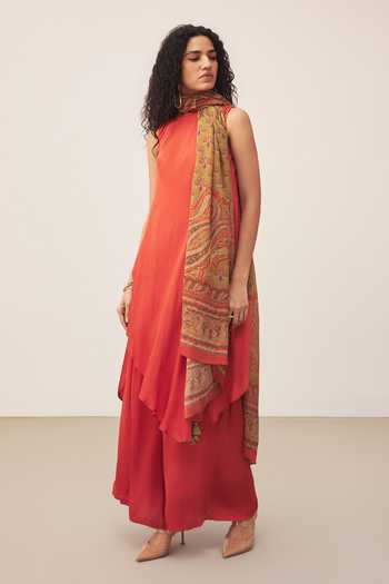 Shop_Ritu Kumar_Orange Satin, Viscose, Chinon, Lycra Halter Neck, Yes Gul Kurta Palazzo Set _Online_at_Aza_Fashions