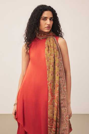 Ritu Kumar_Orange Satin, Viscose, Chinon, Lycra Halter Neck, Yes Gul Kurta Palazzo Set _at_Aza_Fashions