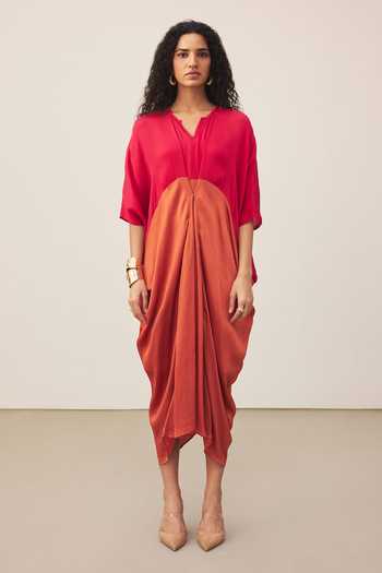 Ritu Kumar_Pink Split V-neck Colorblock Midi Dress _Online_at_Aza_Fashions