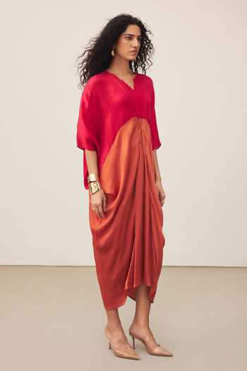 Buy_Ritu Kumar_Pink Split V-neck Colorblock Midi Dress _Online_at_Aza_Fashions