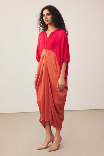 Shop_Ritu Kumar_Pink Split V-neck Colorblock Midi Dress _Online_at_Aza_Fashions
