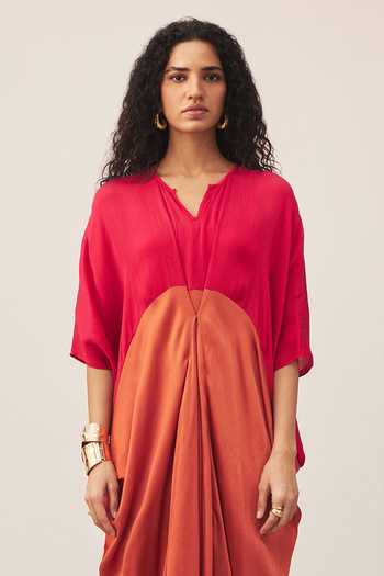 Ritu Kumar_Pink Split V-neck Colorblock Midi Dress _at_Aza_Fashions