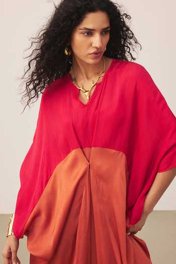 Buy_Ritu Kumar_Pink Split V-neck Colorblock Midi Dress 