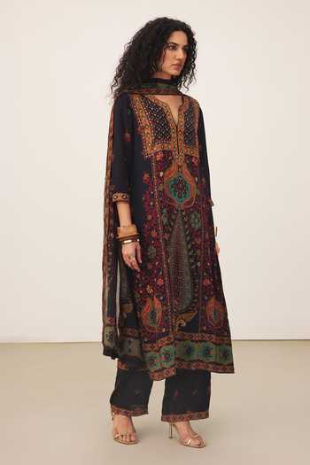 Buy_Ritu Kumar_Black Cotton, Viscose V-neck, Yes Kalamjama Print Kurta Set _Online_at_Aza_Fashions