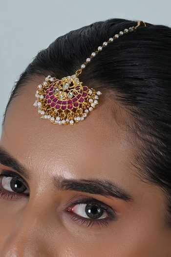 Shlok Jewels_Pink Kundan Embellished Maangtikka _Online_at_Aza_Fashions
