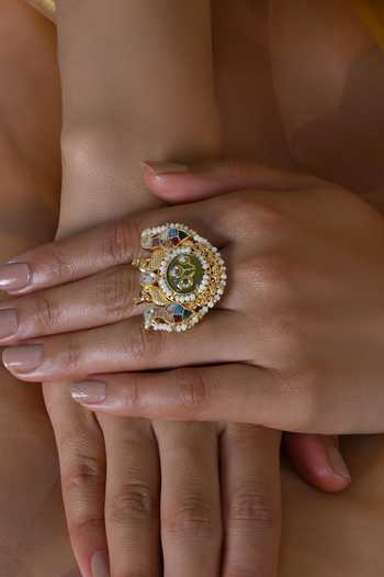 Buy_Shlok Jewels_Multi Color Jadau Embellished Ring _Online_at_Aza_Fashions