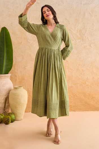 Taro_Olive Green Cotton V-neck Fern Dress _Online_at_Aza_Fashions