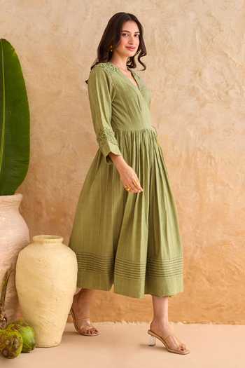 Buy_Taro_Olive Green Cotton V-neck Fern Dress _Online_at_Aza_Fashions