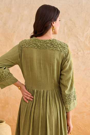 Shop_Taro_Olive Green Cotton V-neck Fern Dress _Online_at_Aza_Fashions