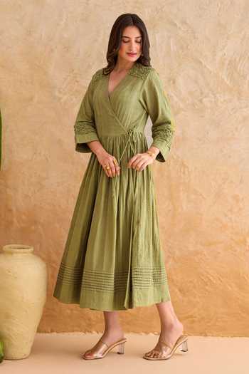 Taro_Olive Green Cotton V-neck Fern Dress _at_Aza_Fashions