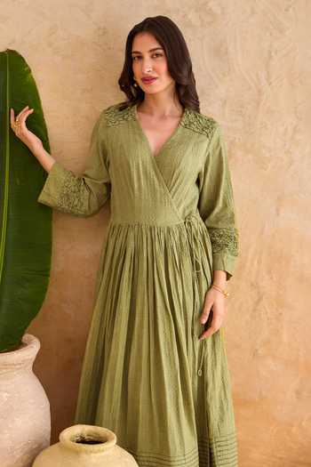 Buy_Taro_Olive Green Cotton V-neck Fern Dress 