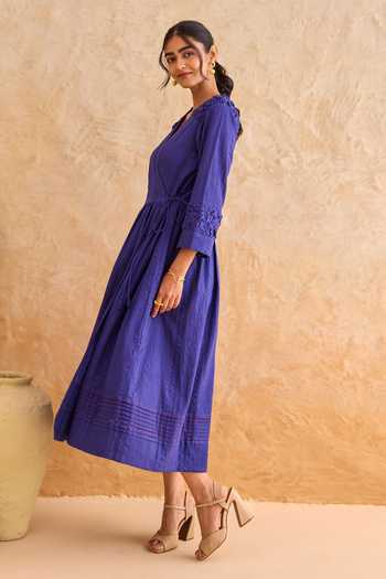 Taro_Blue Cotton V-neck Midnight Fern Dress _Online_at_Aza_Fashions
