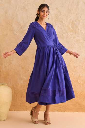Buy_Taro_Blue Cotton V-neck Midnight Fern Dress _Online_at_Aza_Fashions