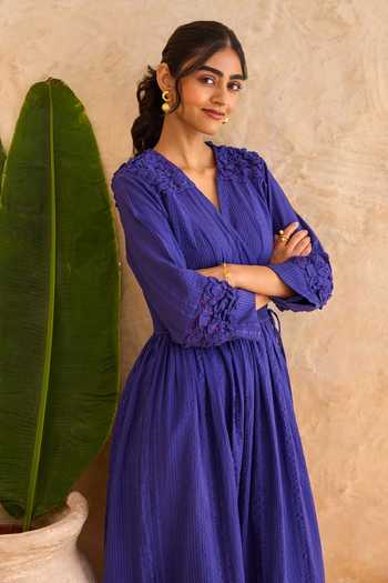 Shop_Taro_Blue Cotton V-neck Midnight Fern Dress _Online_at_Aza_Fashions